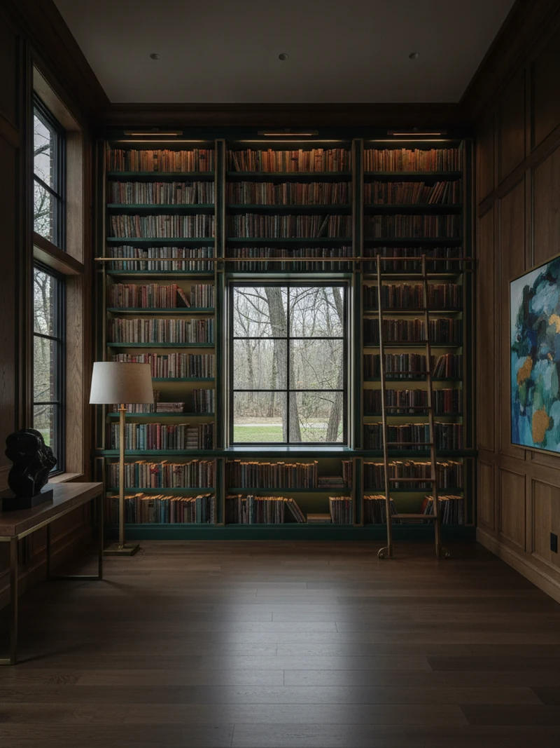 Double-height custom built-in library wall with brass ladder