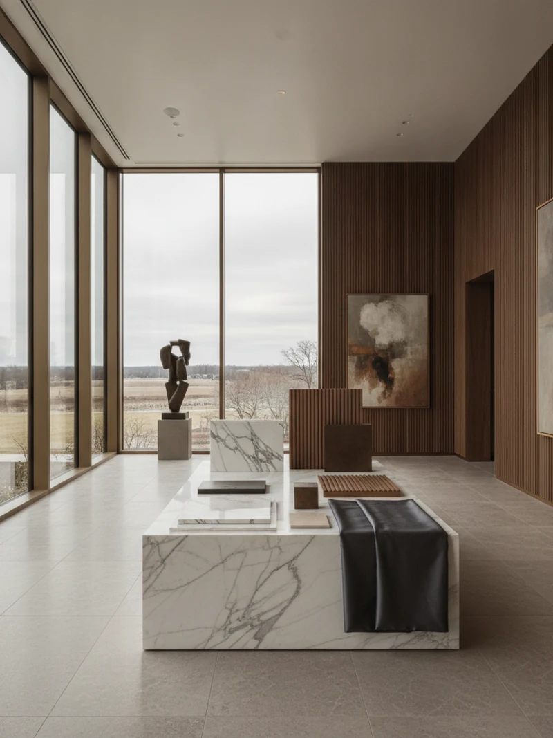 Curated stone, walnut and bronze material samples for an interior architecture project
