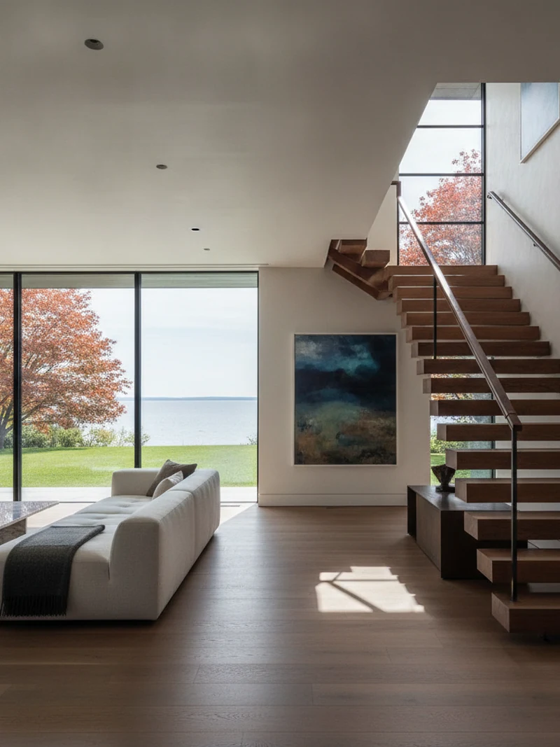Cantilevered walnut staircase with blackened bronze balustrade