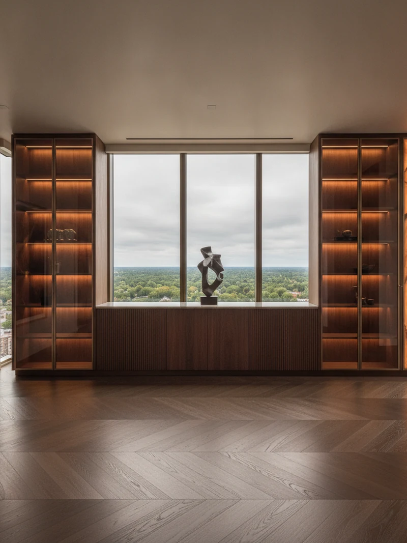 Bespoke fluted walnut cabinetry with backlit onyx shelving