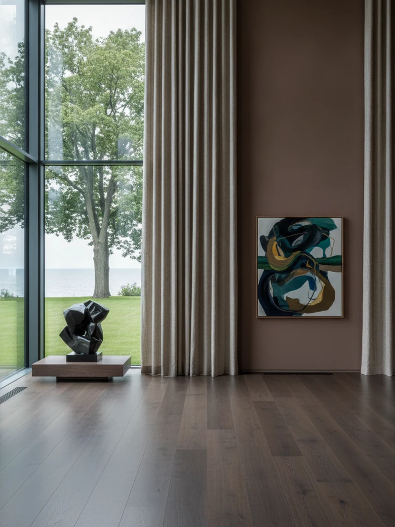 Paint colour tested against smoked oak flooring and silk drapery