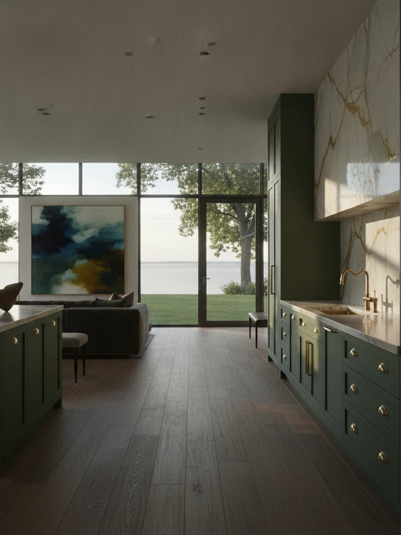 Deep olive lacquered kitchen cabinetry with Calacatta Gold, Oakville