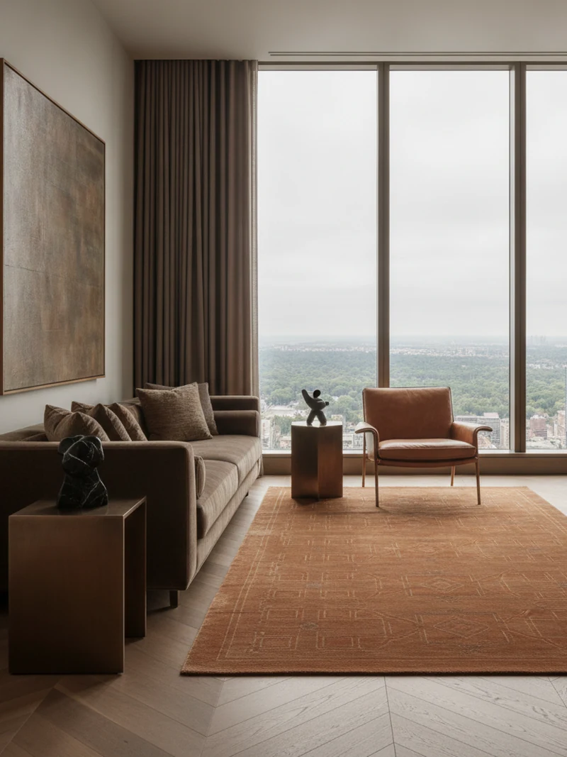 Five tones of bronze and caramel layered in one seating vignette