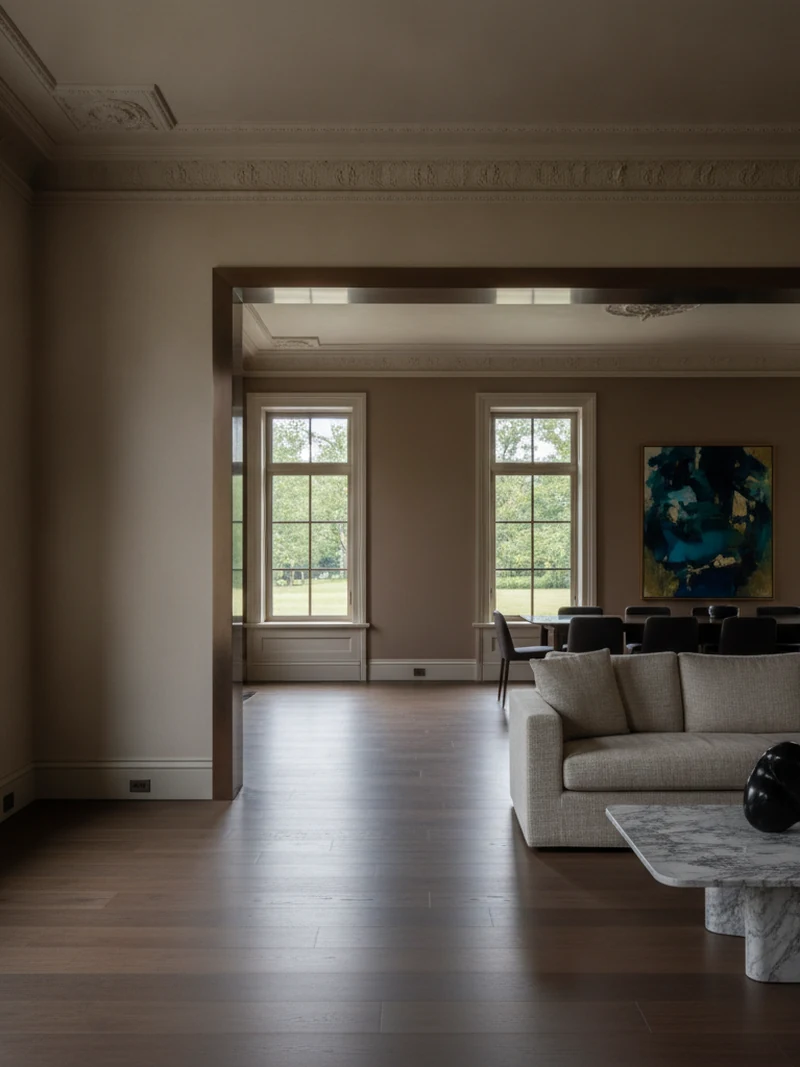 Sightline from a plaster-toned living room into a deeper lacquered dining room