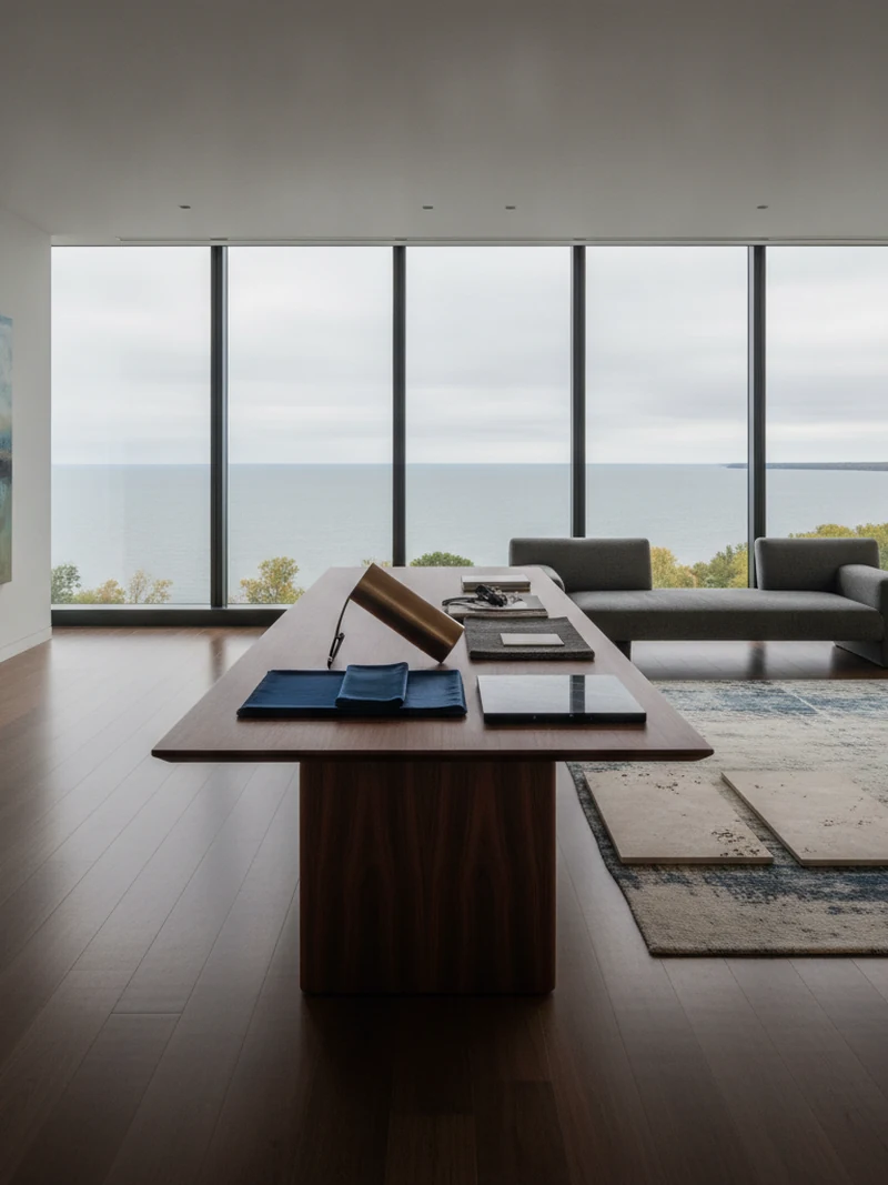 Furniture, lighting and textile selections sourced for a condo design package