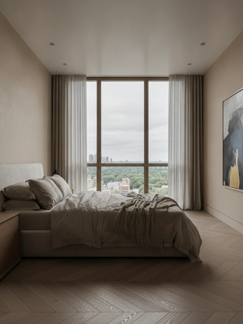 Styled primary bedroom with silk-wool bed and walnut nightstands