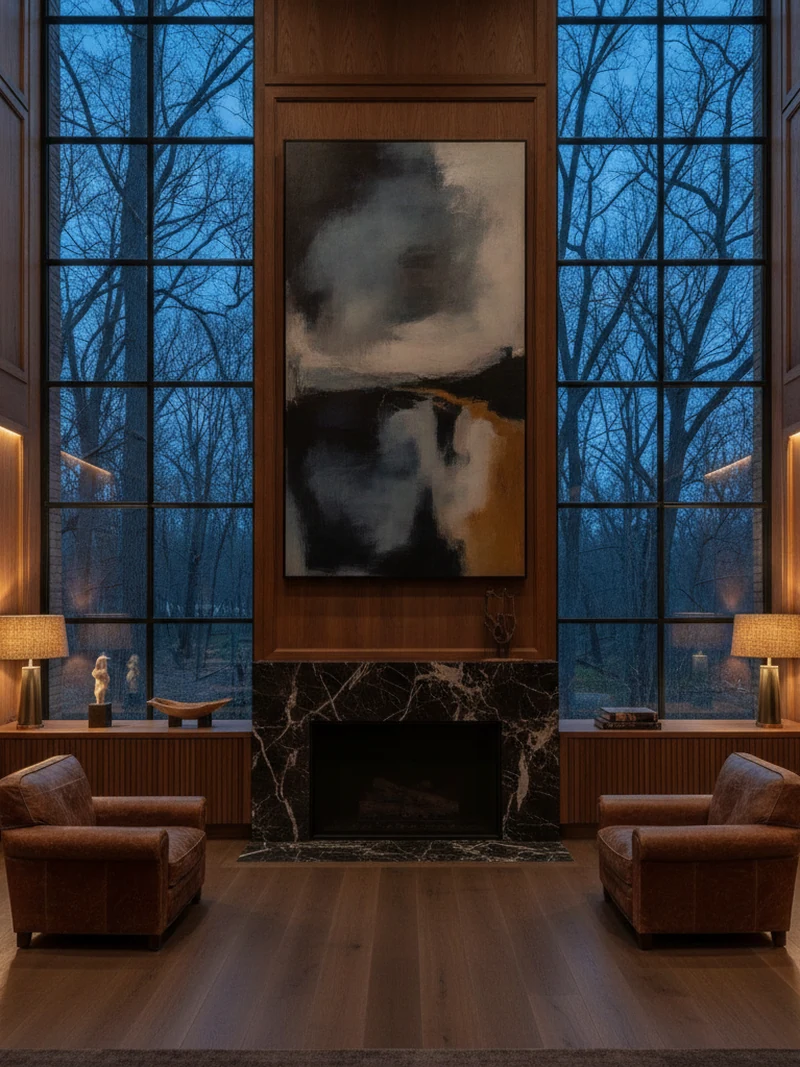 Living room composition anchored by a stone fireplace and built-in millwork