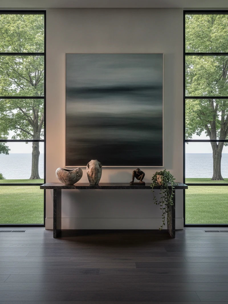 Curated art and accessory vignette on a honed stone console
