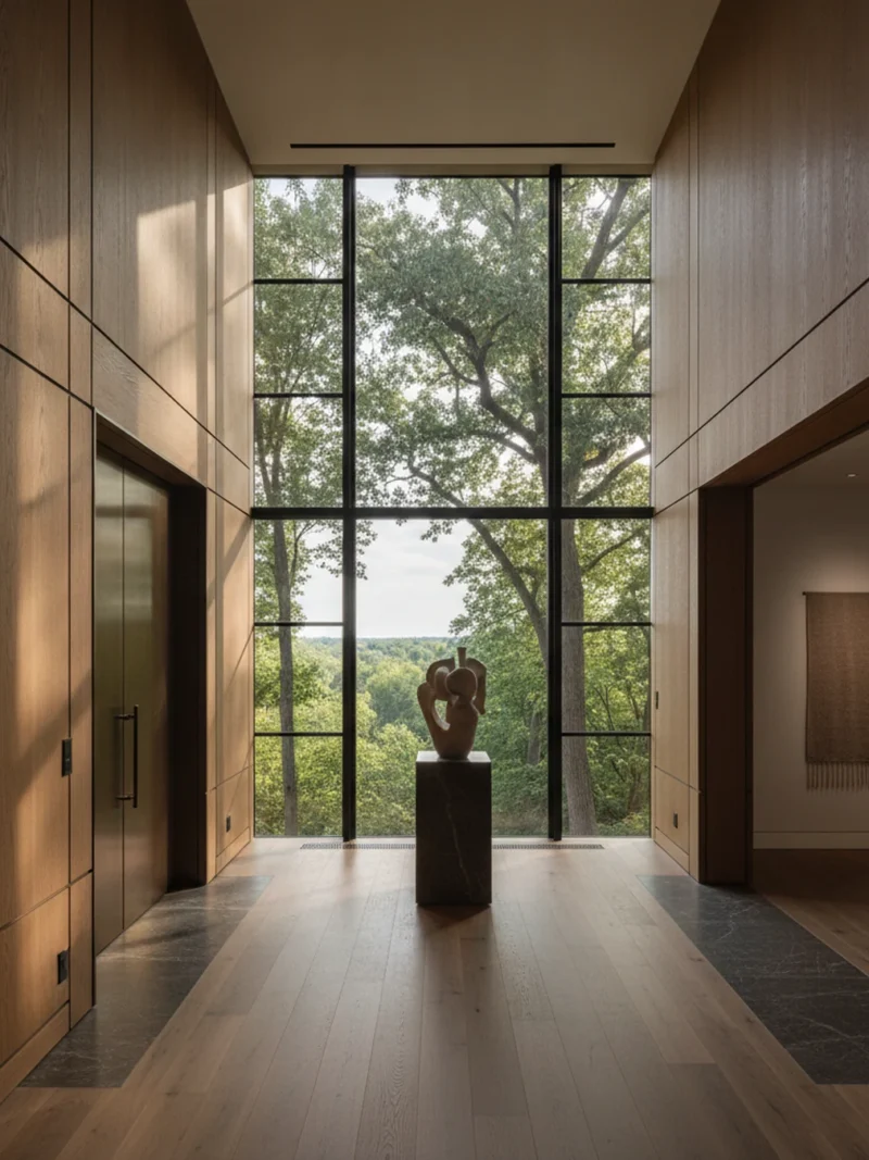 Interior architecture detail with panelled walls and bespoke millwork