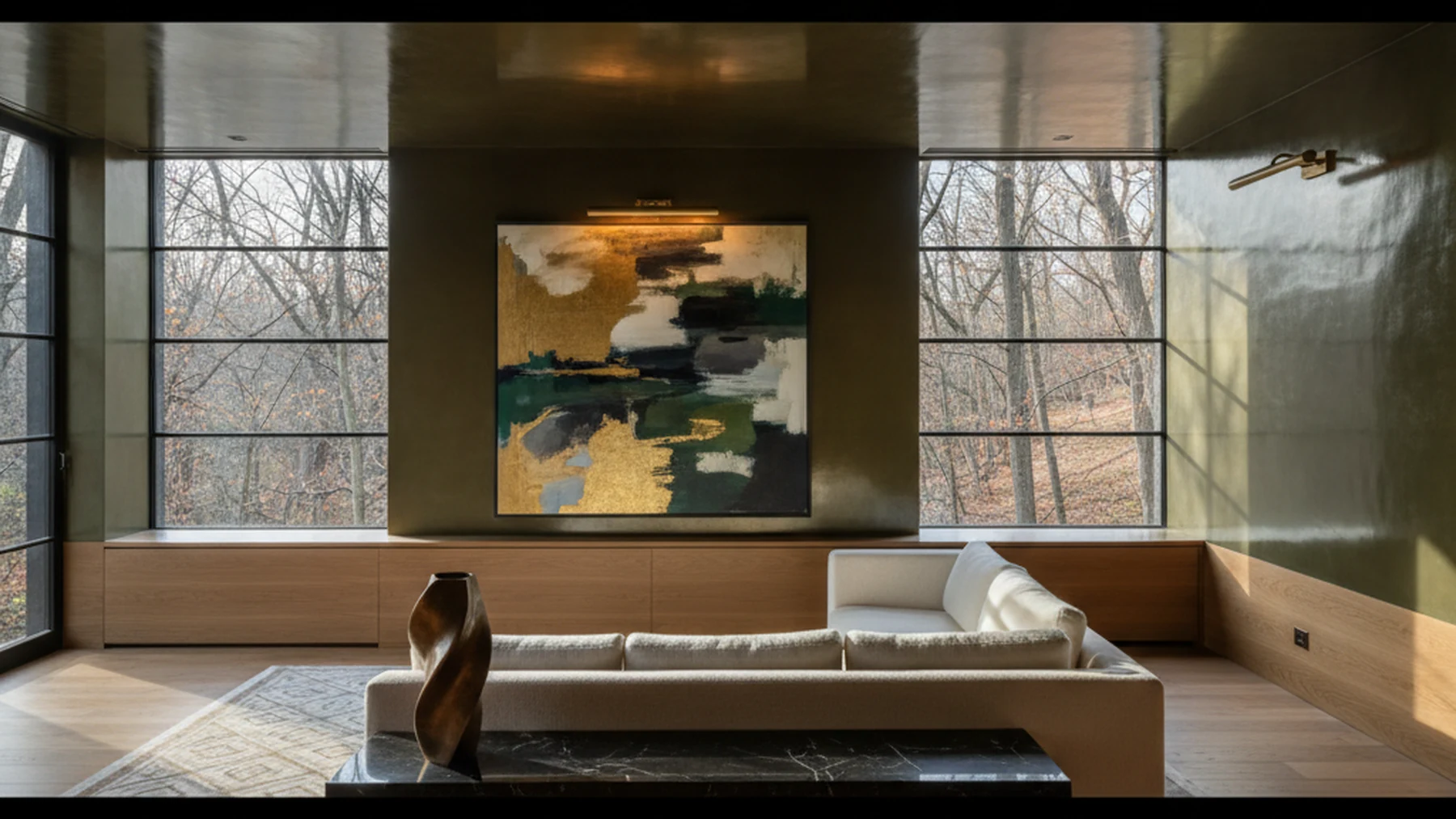 Deep green polished plaster living room designed during a colour consultation, Toronto