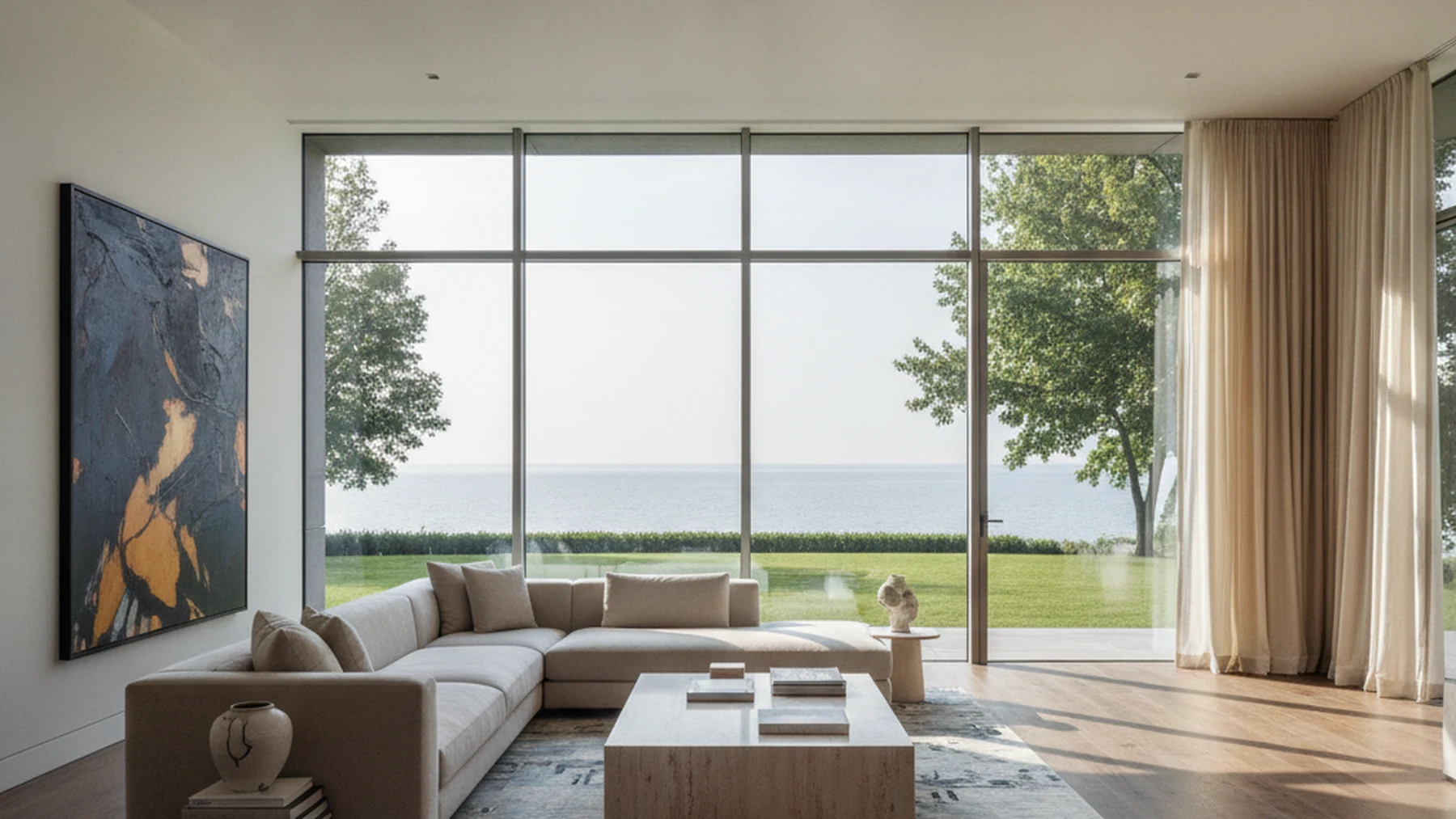 Fully decorated and styled living room in an Oakville lakefront home